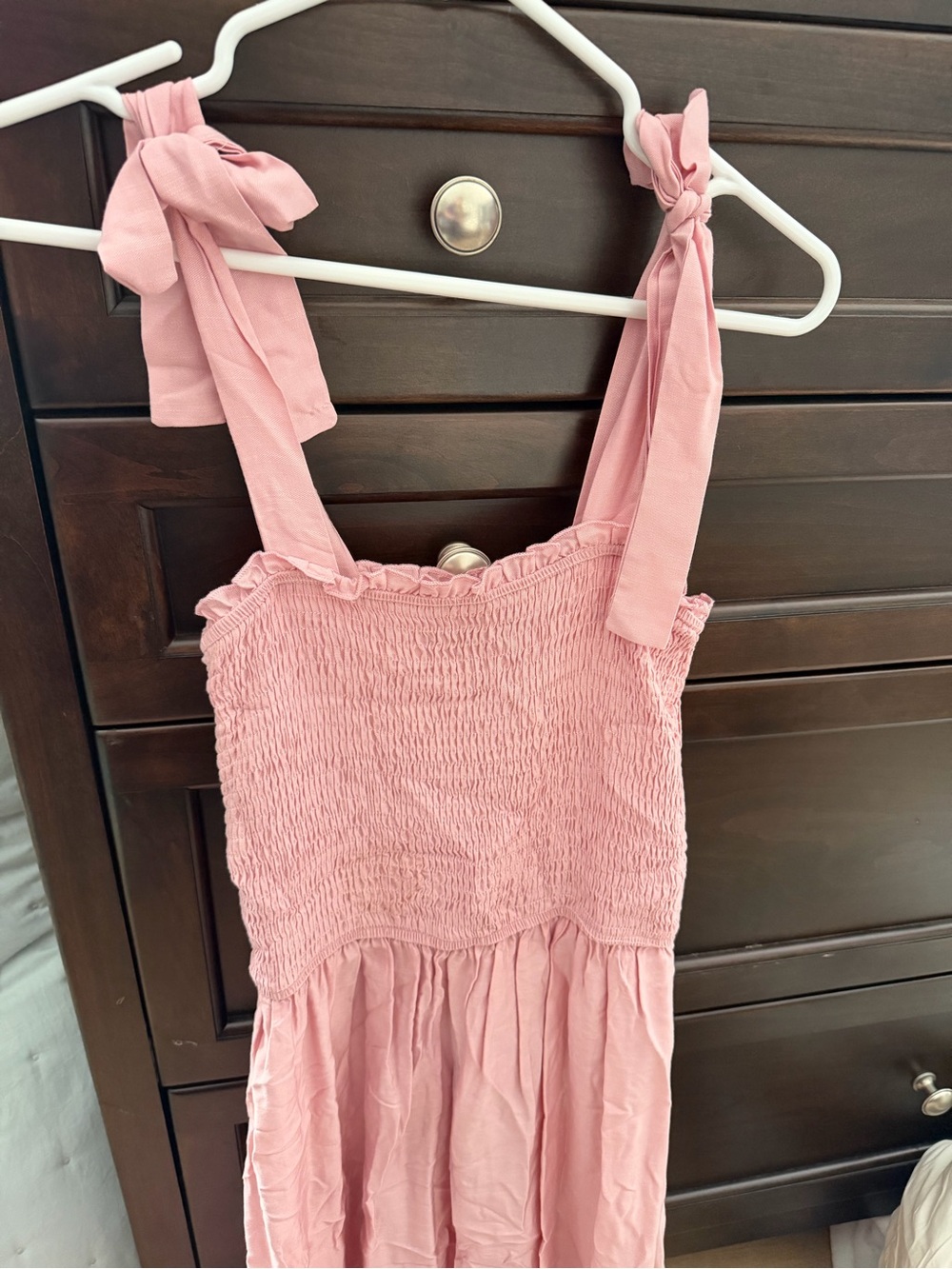 Smocked Tie-Shoulder Maxi Dress in Soft Pink